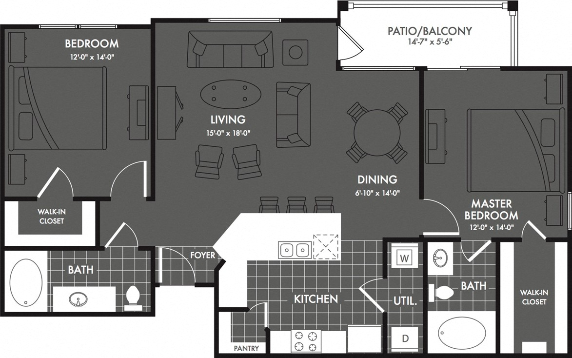 Floor plan for 2 beds, 2 baths, 1170 sqft